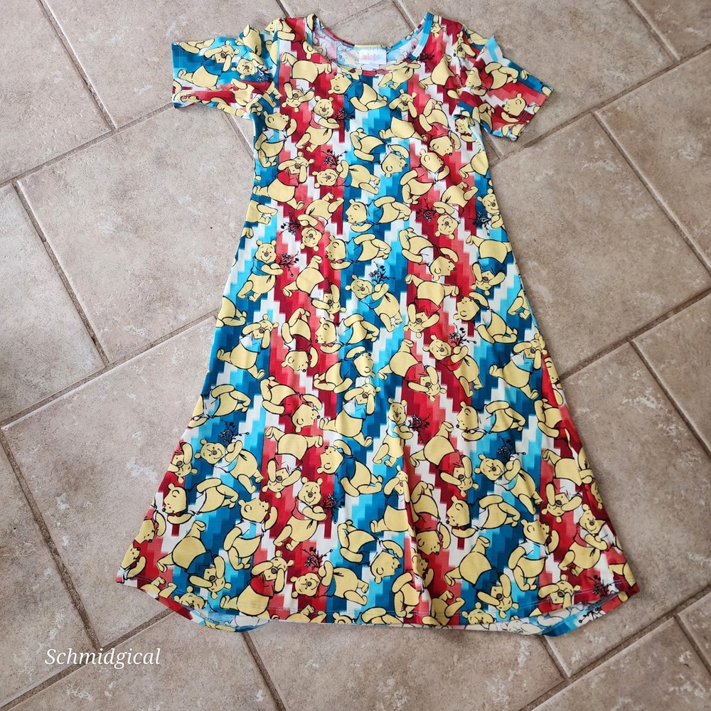 LuLaRoe Disney Winnie the Pooh Dress Kids 12 Short Sleeve Pooh Bear Red Blue